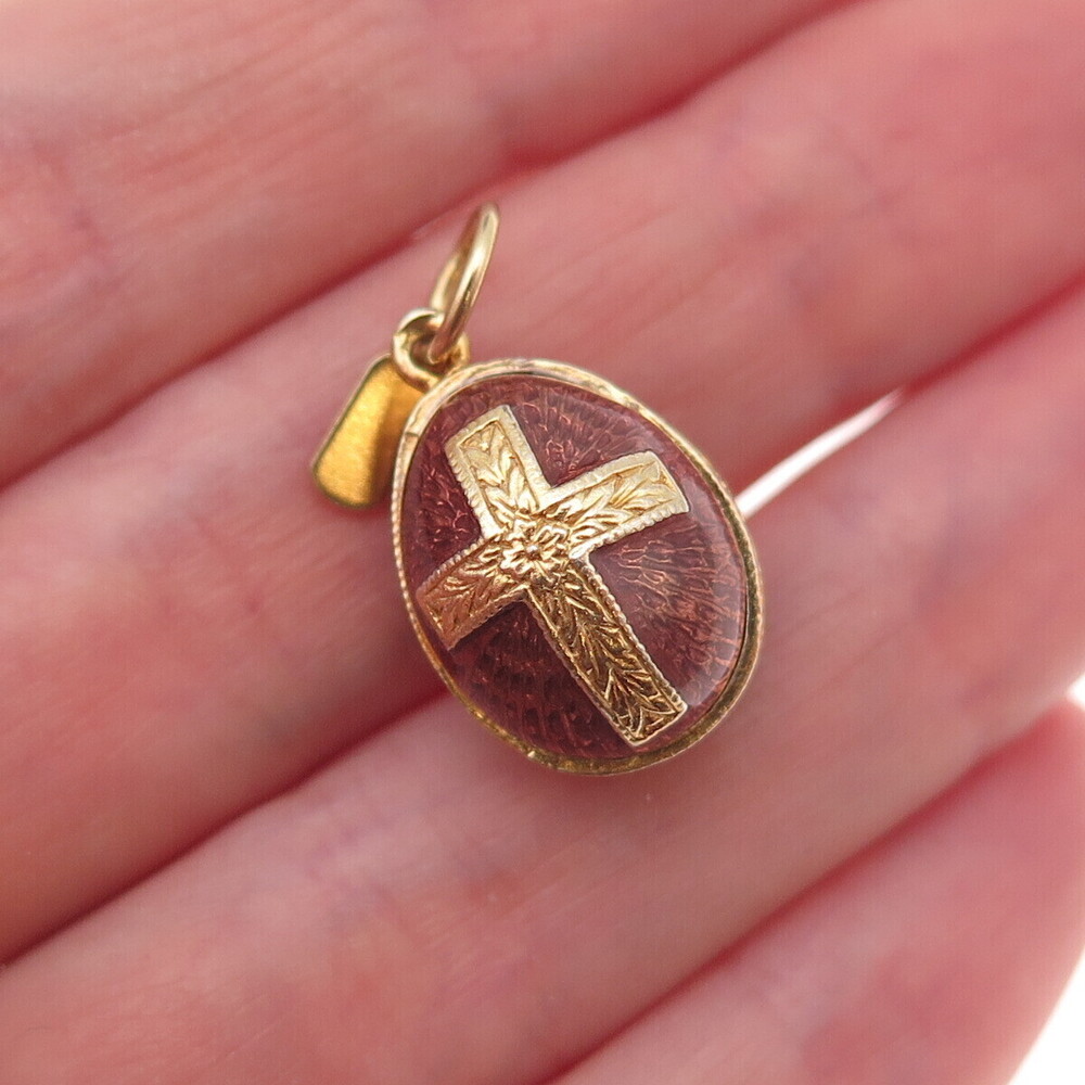 Rafka Sterling Silver Gold Plated Vintage Enamel Cross Easter Egg Charm Pendant